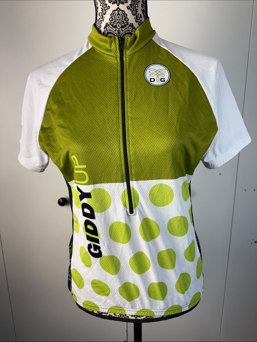 DG Cycling Jersey in Lime Green & White Polka Dot size small